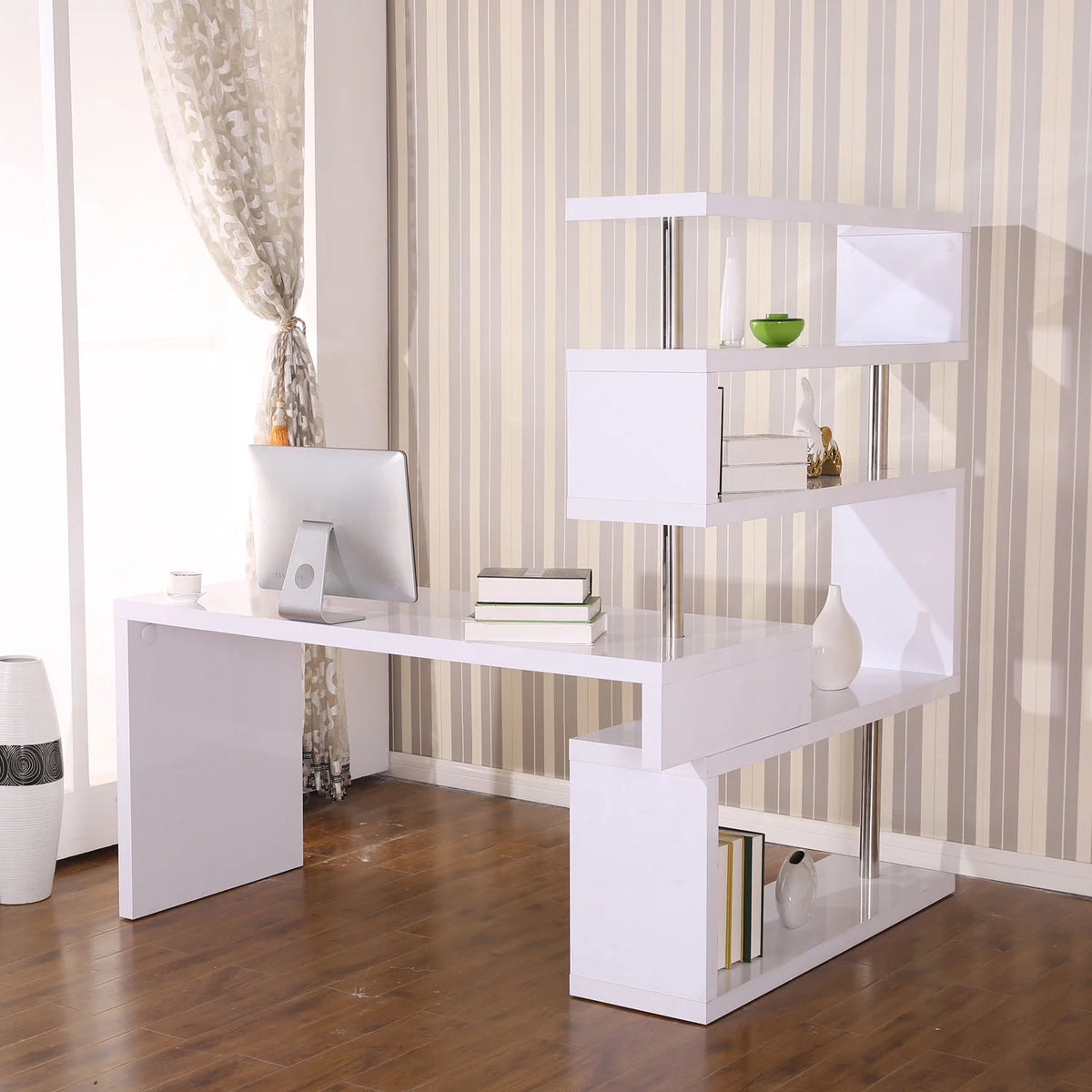 White 4 Tier L-Shaped Computer Desk with Shelves D8088