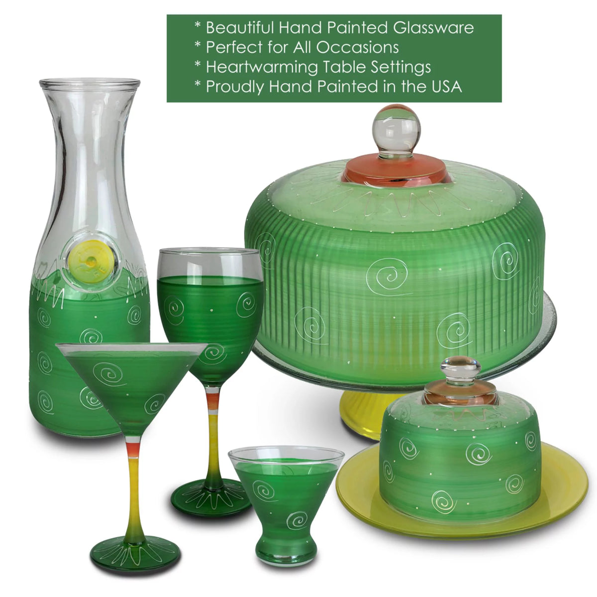 Set of 2 Green and White Hand Painted Wine Glasses 7.5 oz Q213