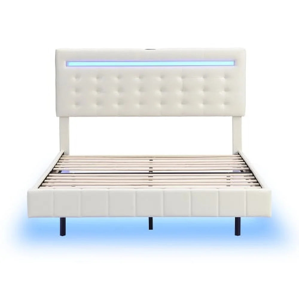 Full Size Black Upholstered Platform Bed Frame with LED Lights H568