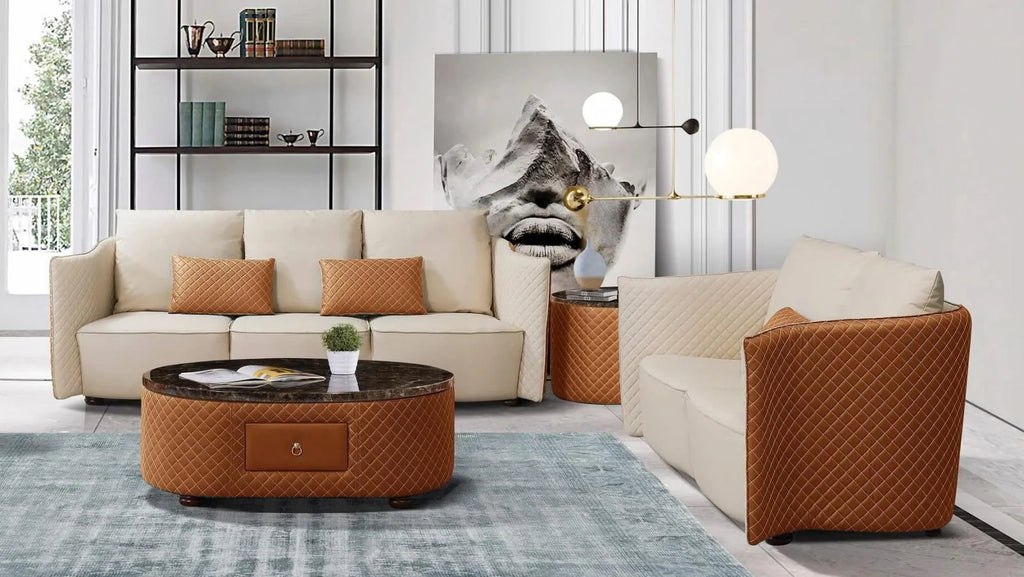 Orange Italian Leather Marble Top Coffee Table Set 2 S5672