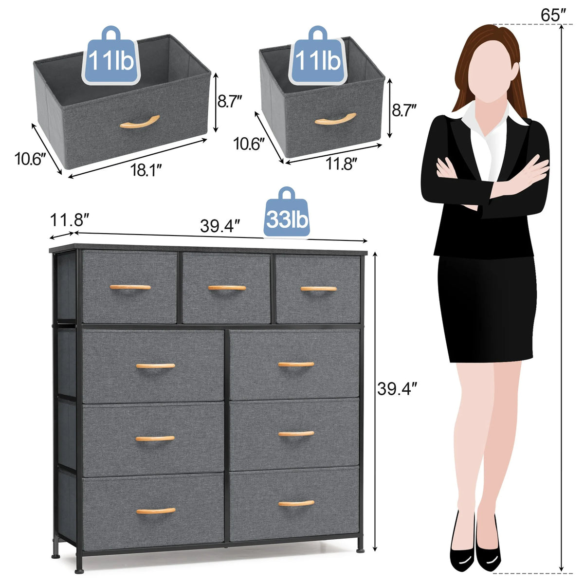 Gray 9 Drawer Dresser Storage Tower E9094