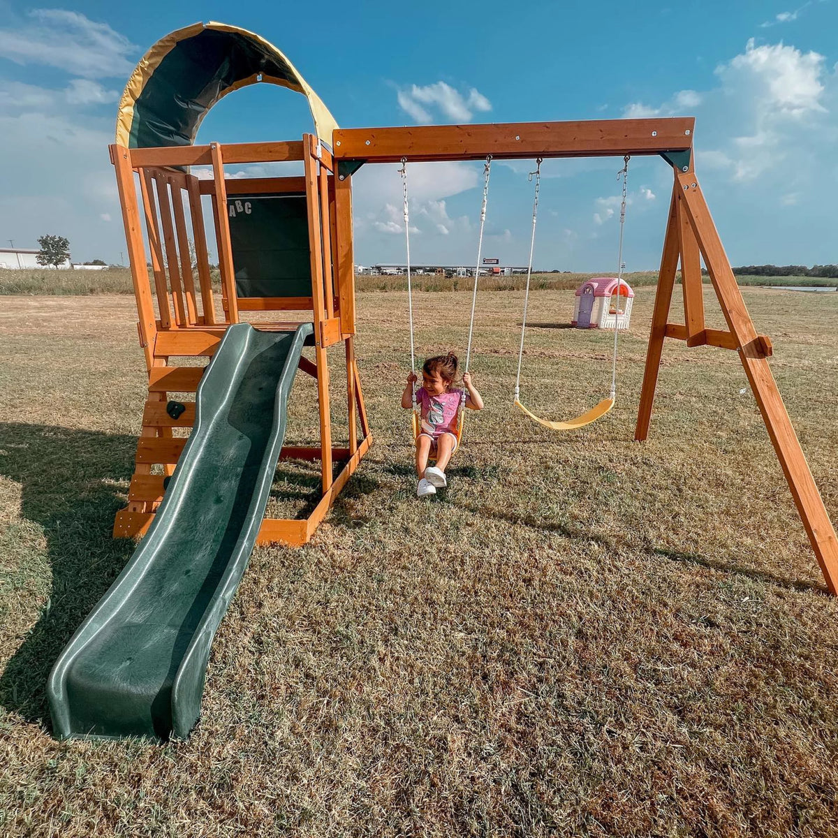 Wooden Outdoor Swing Set with Slide and Rock Wall I422892