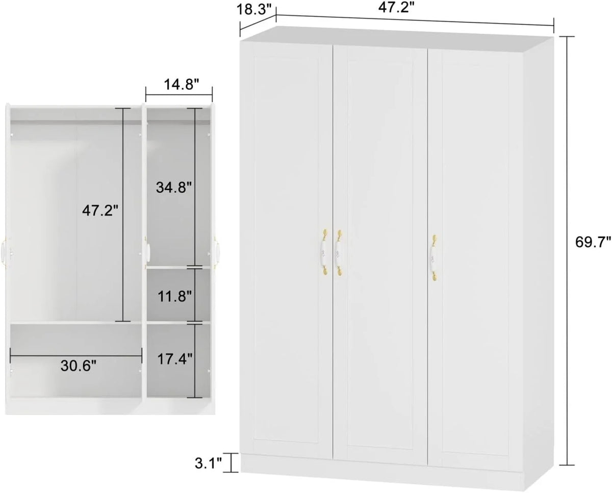 White 3 Door Wardrobe Closet with Shelves X93118