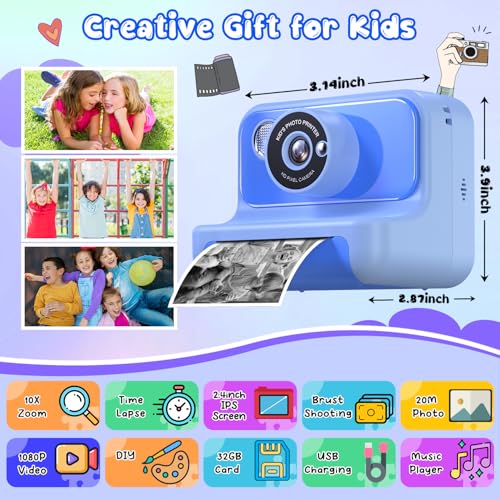 Blue Instant Print Kids Camera with 32GB Card P556