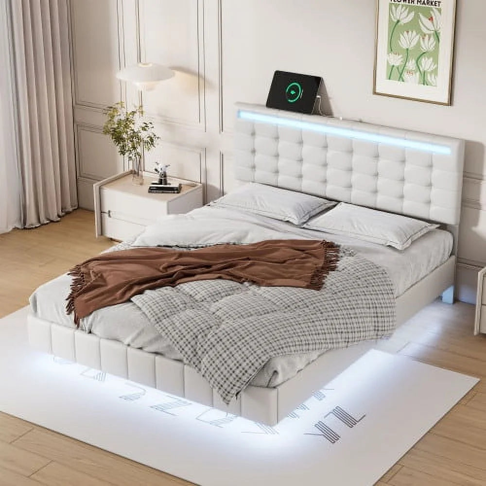 Full Size Black Upholstered Platform Bed Frame with LED Lights H568
