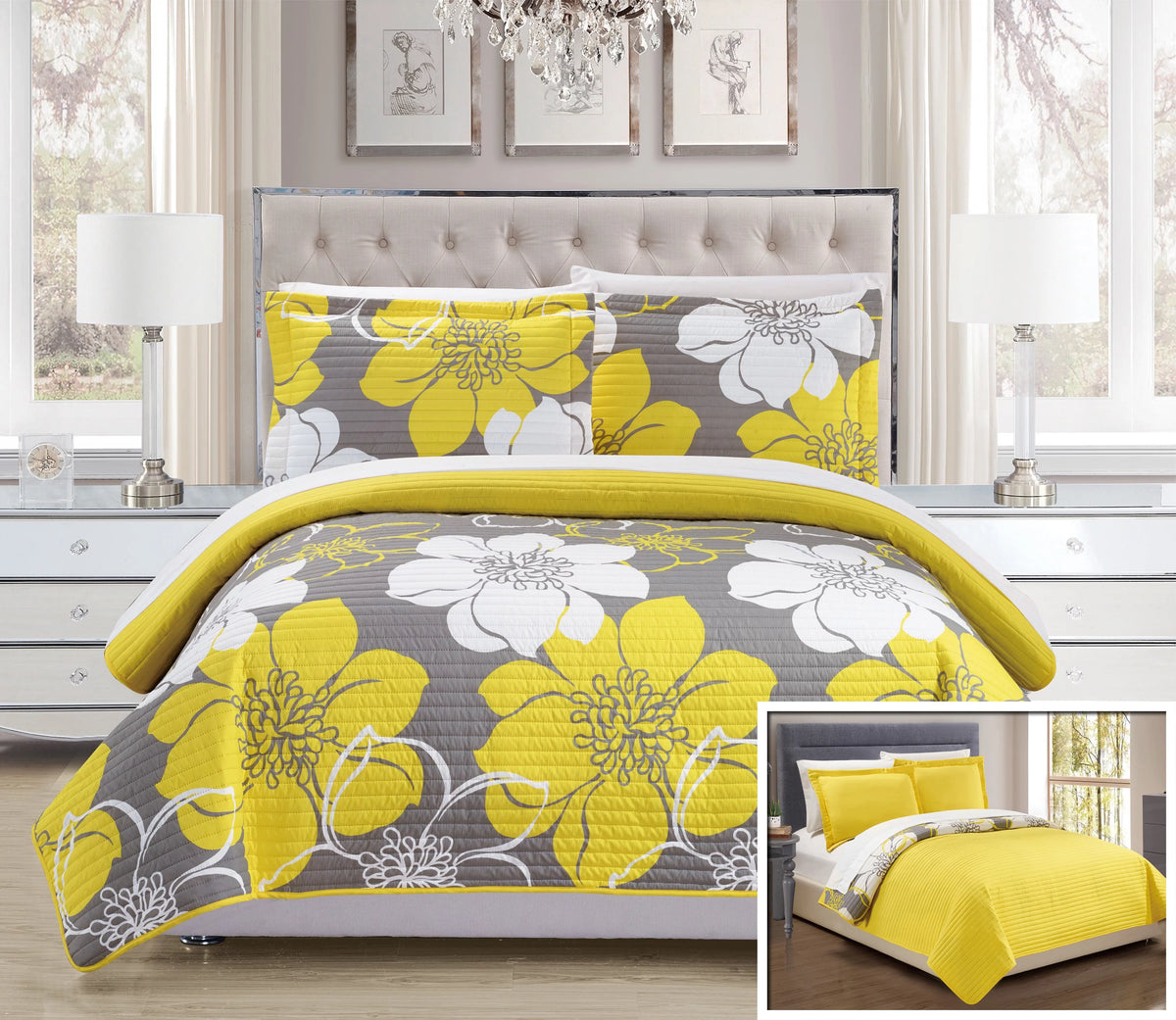 Yellow Queen 3-Piece Abstract Quilt Set J643