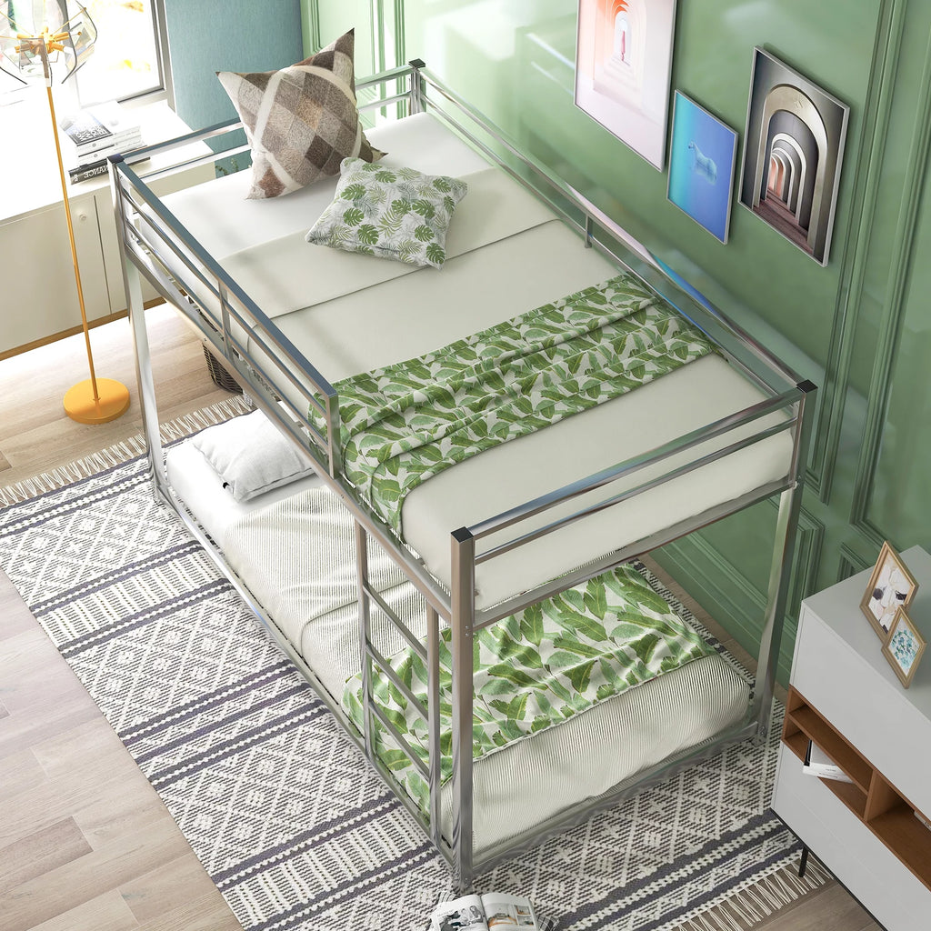 Metal Twin over Twin Low Bunk Bed with Ladder and Safety Guardrails I591
