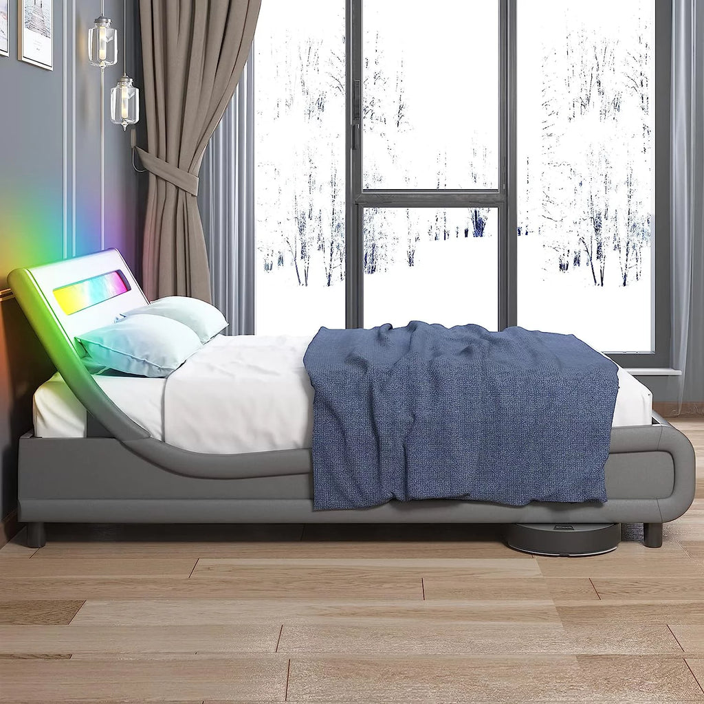 King Size Grey PVC Upholstered Platform Bed Frame D6481