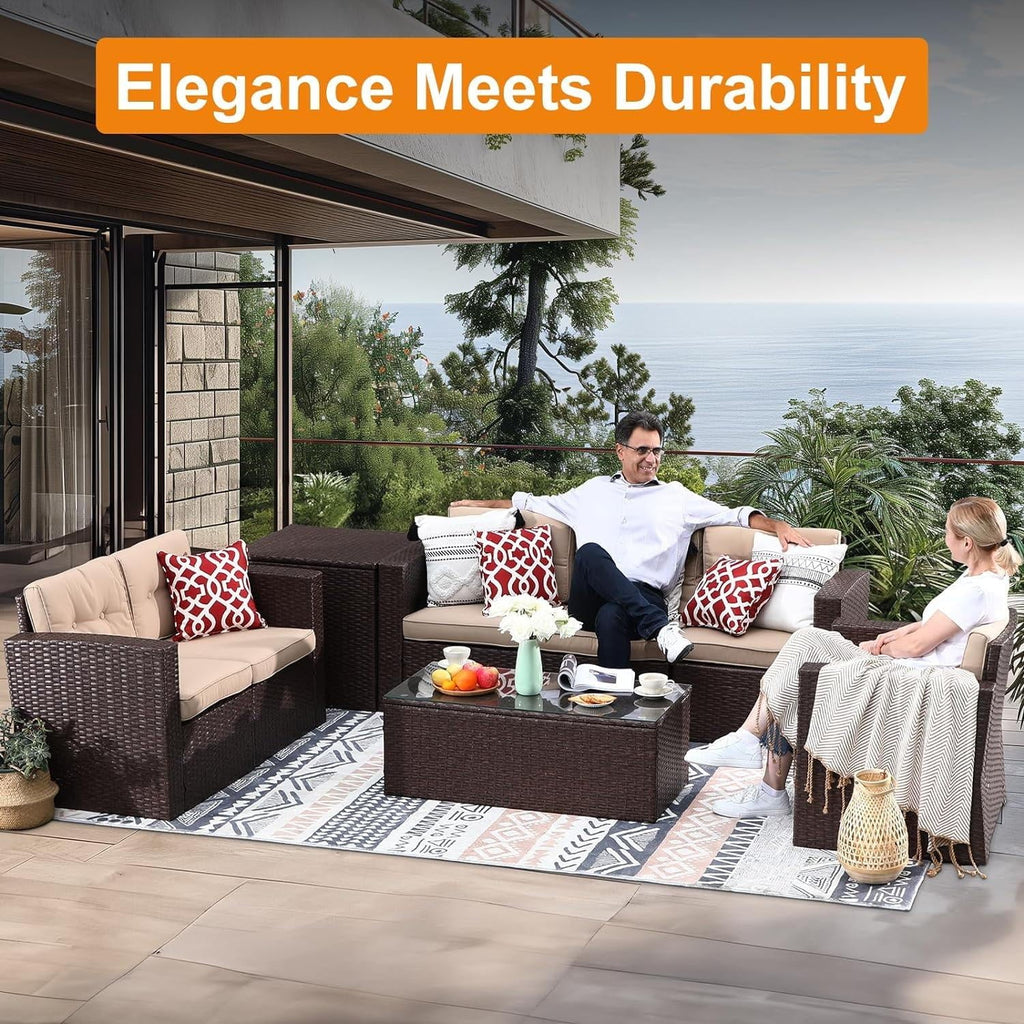 8 Pc Wicker Rattan Outdoor Furniture Set with Storage Box U27558