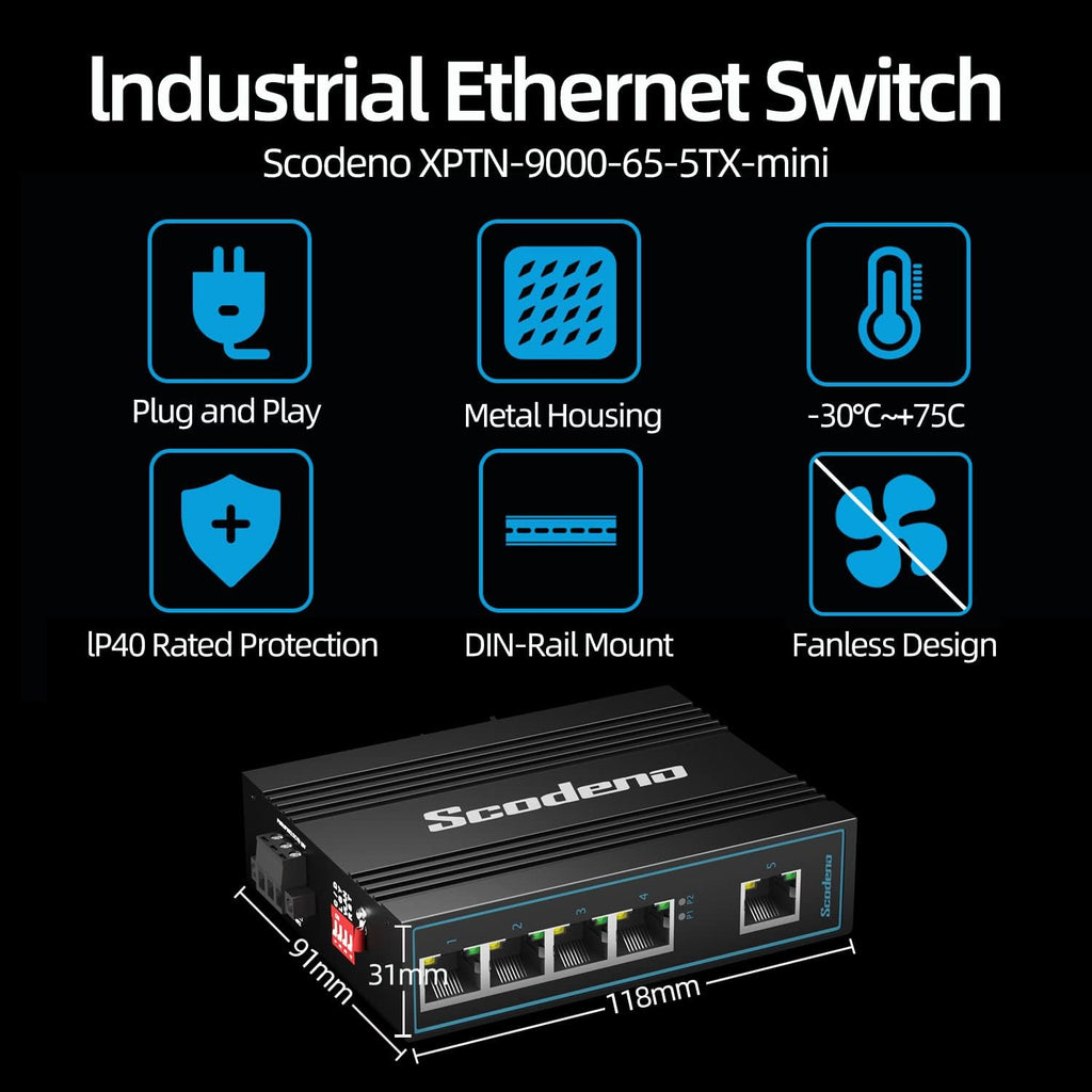 5 Port Industrial Ethernet Switch, DIN-Rail Mount, IP40, Metal Housing, Pack of 2 W1640