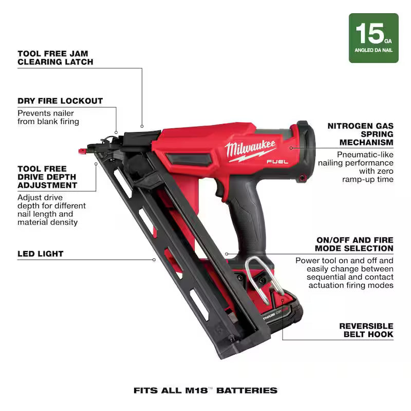 18-Volt Lithium-Ion Brushless Cordless 15-Gauge Angled Finish Nailer Kit with Battery and Charger N916