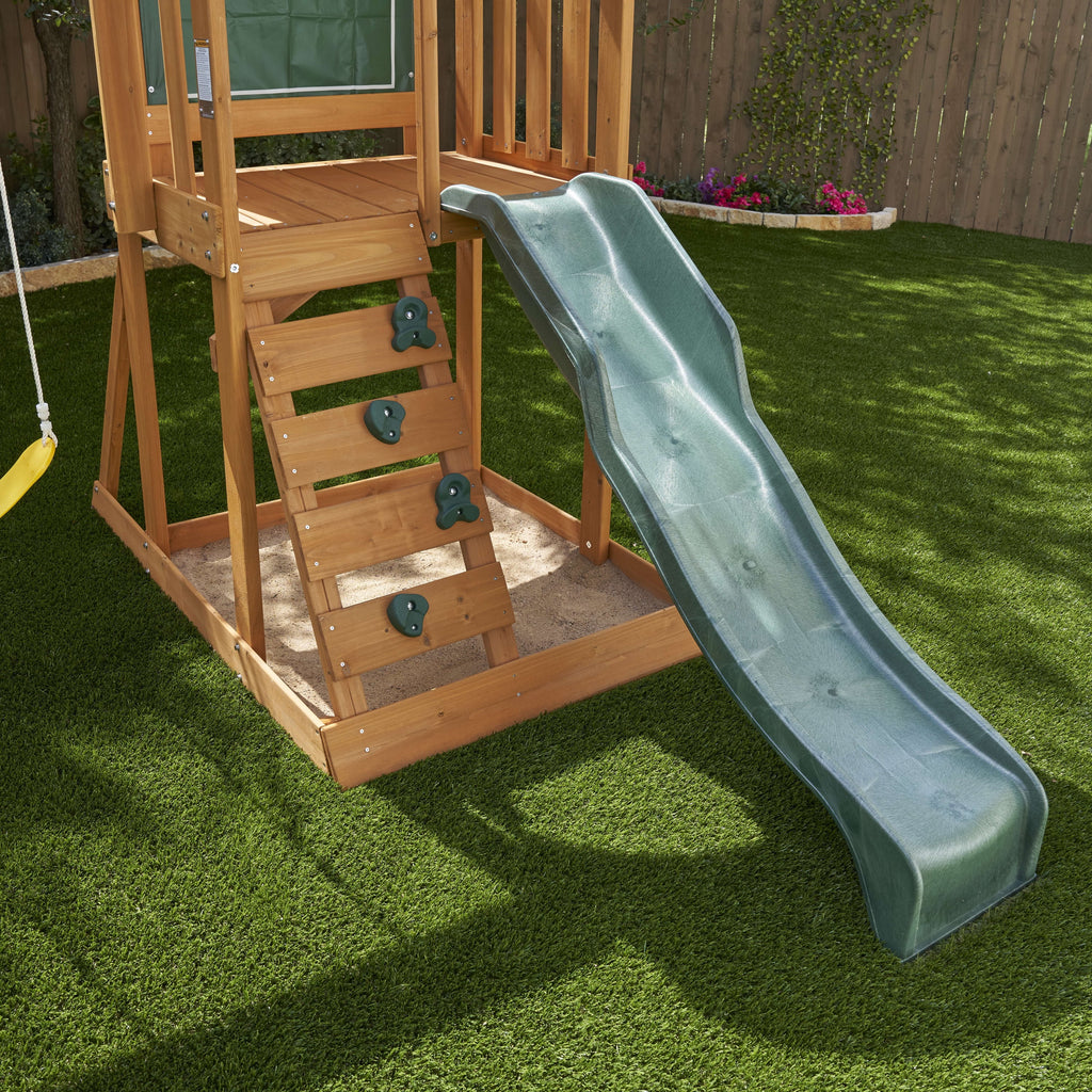 Wooden Outdoor Swing Set with Slide and Rock Wall I422892