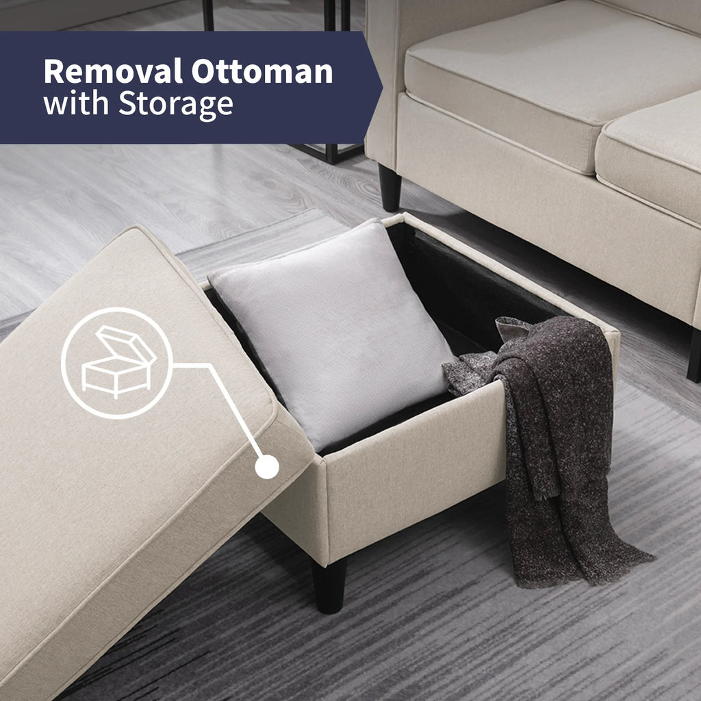 Beige Convertible Sectional Sofa Couch with Storage Ottoman O210
