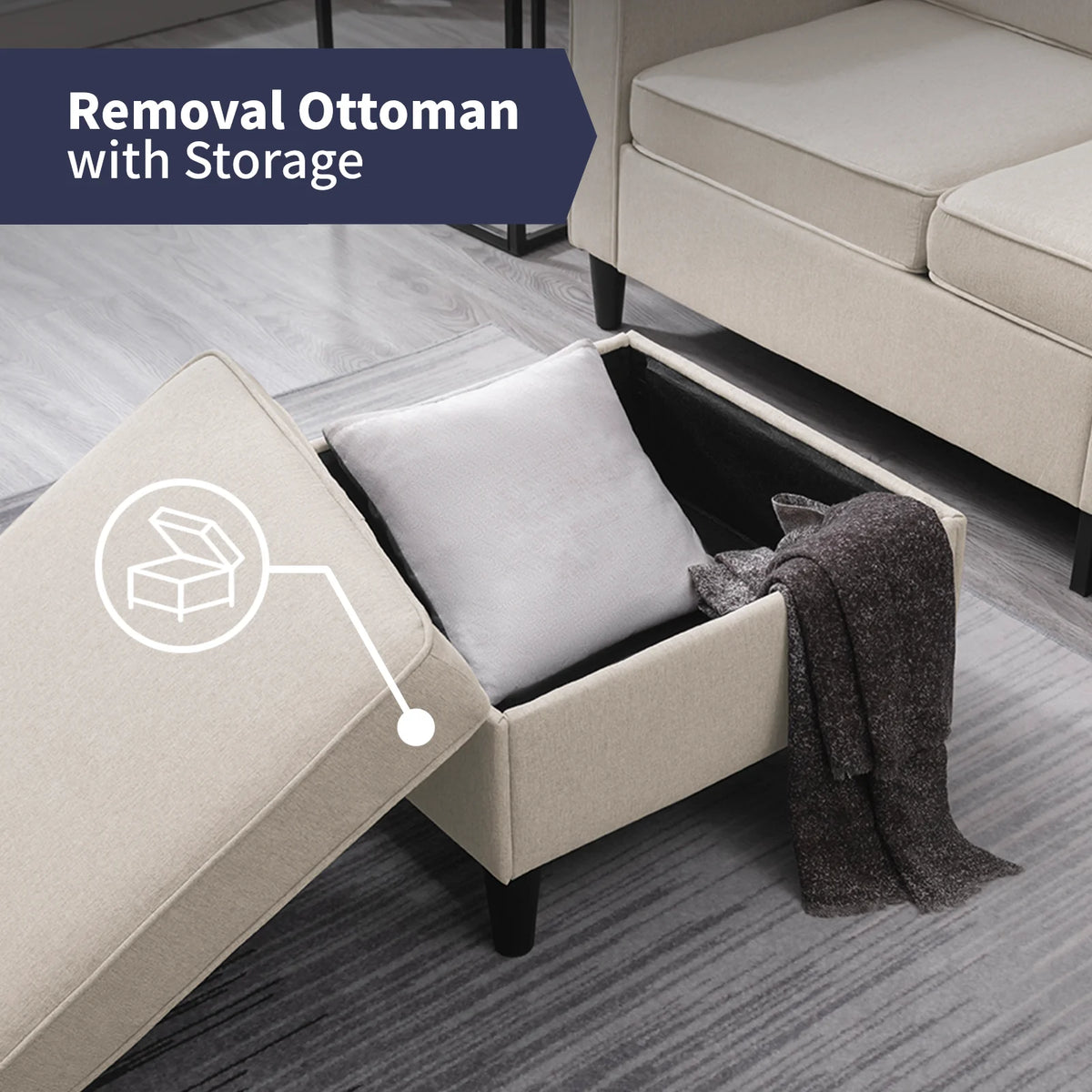 Beige Convertible Sectional Sofa Couch with Storage Ottoman O210