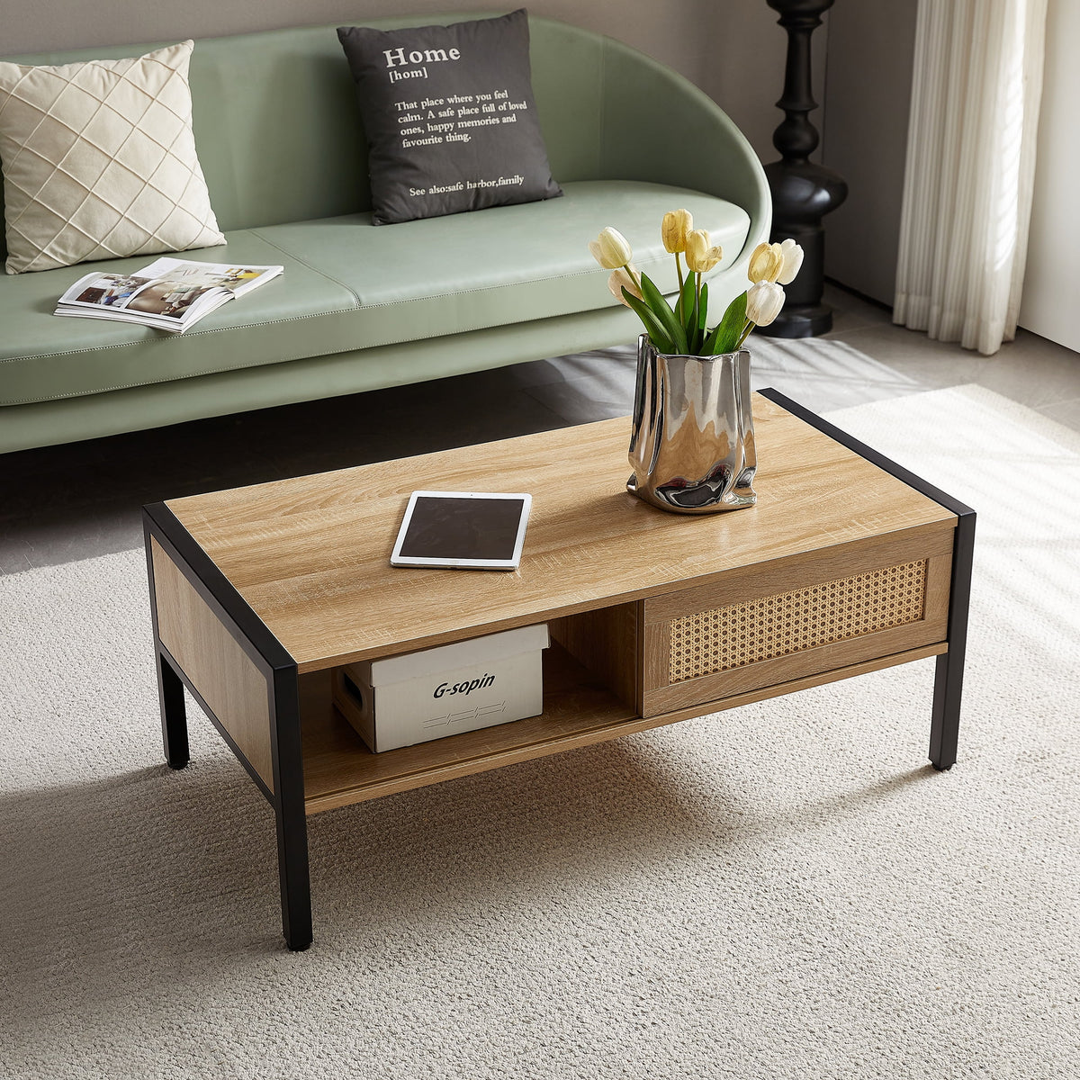 40.16" Rattan Coffee Table with Sliding Door Storage N6913
