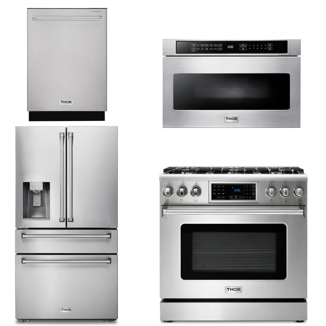 36 Gas Range, Microwave, Refrigerator with Water and Ice Dispenser, Dishwasher E426099