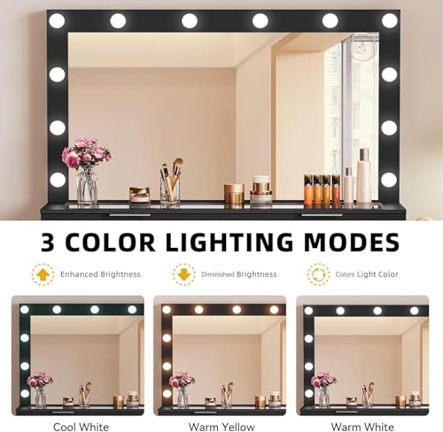 Cream White 10 Drawer Glass Top Vanity Desk with LED Mirror and Chair O488992