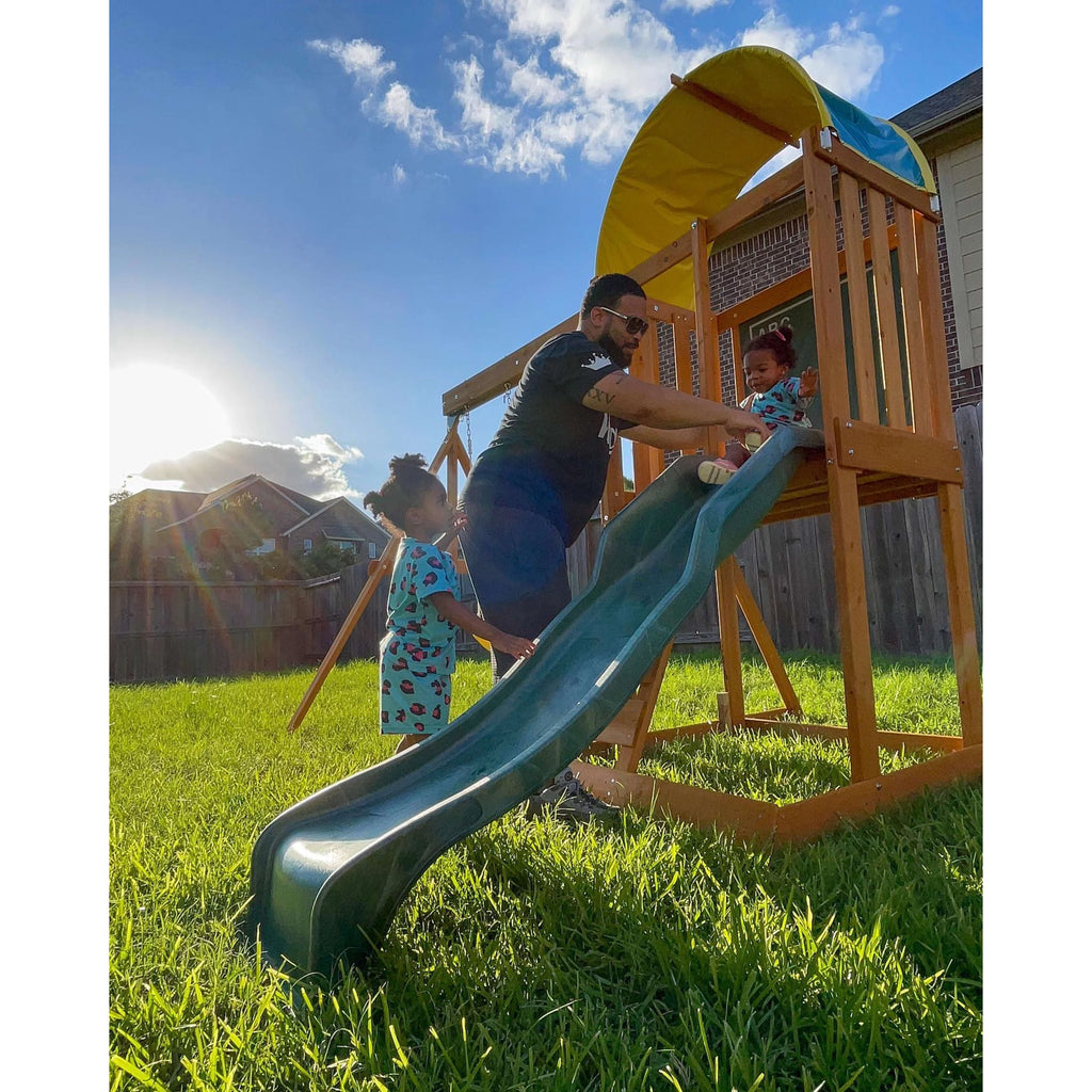Wooden Outdoor Swing Set with Slide and Rock Wall I422892