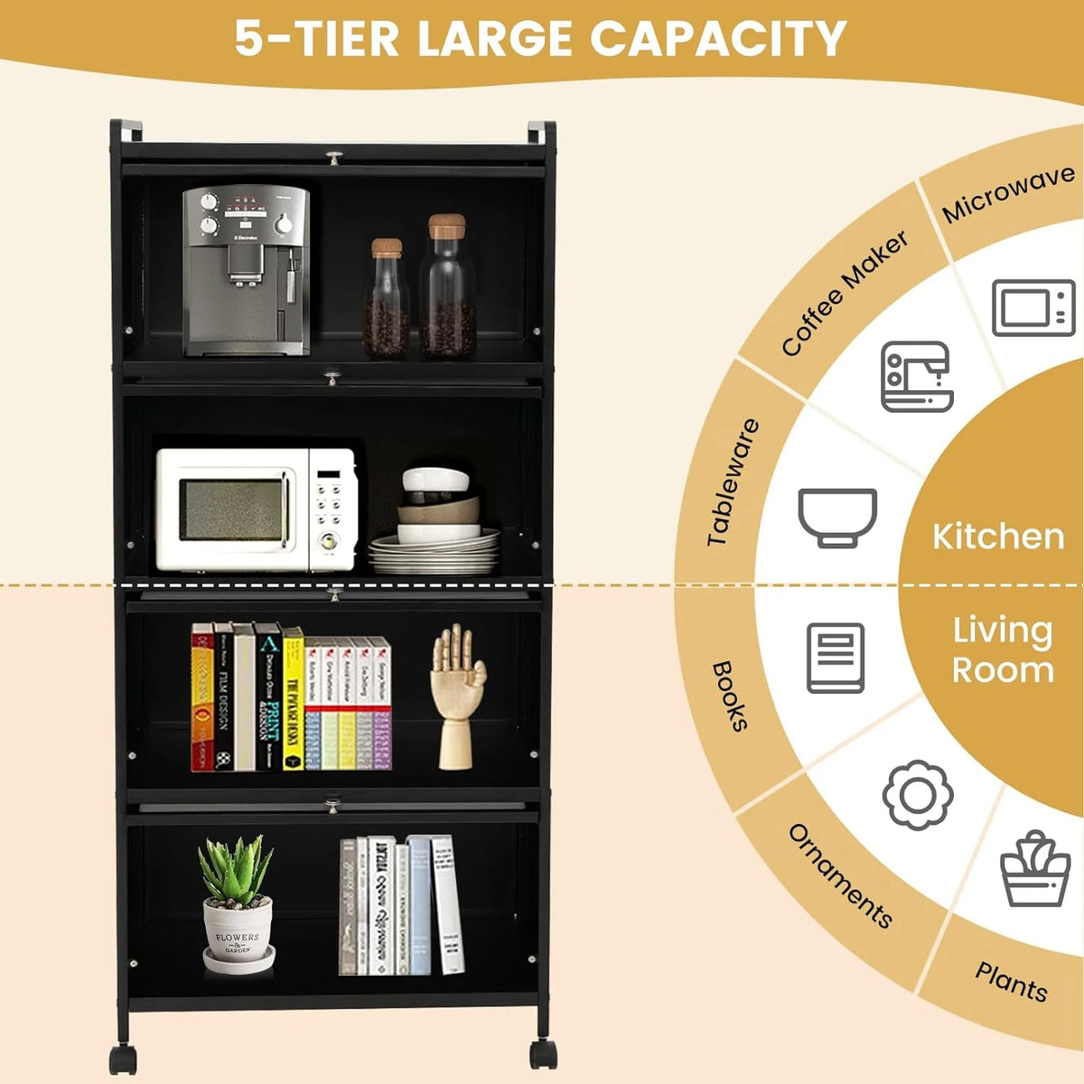 5-Tier Freestanding Kitchen Cabinet with 4 Rolling Casters R15972