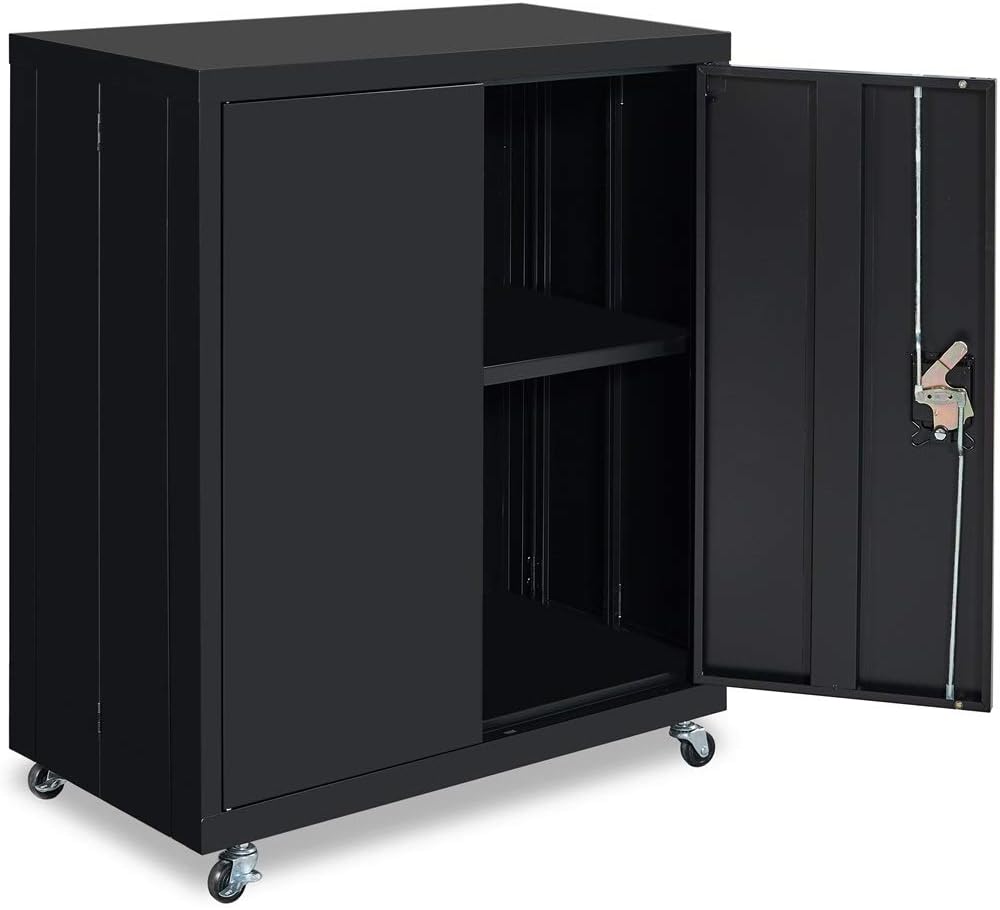 Black Metal Storage Cabinet with Lock and Wheels C8539