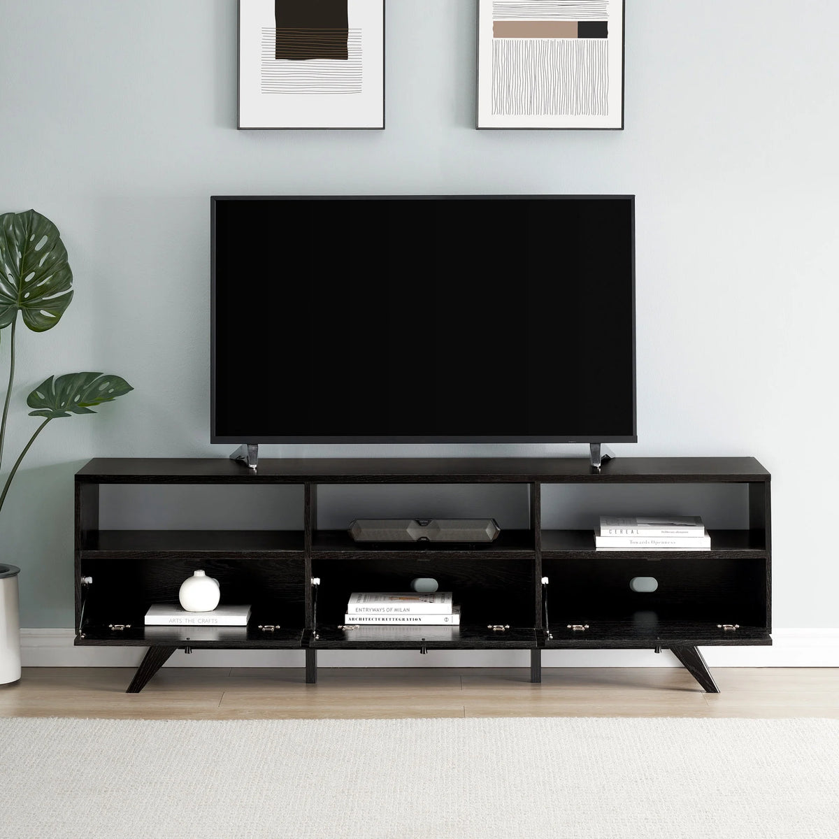 Black Mid-Century Modern Storage TV Stand W128775