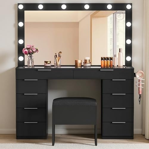 Cream White 10 Drawer Glass Top Vanity Desk with LED Mirror and Chair O488992