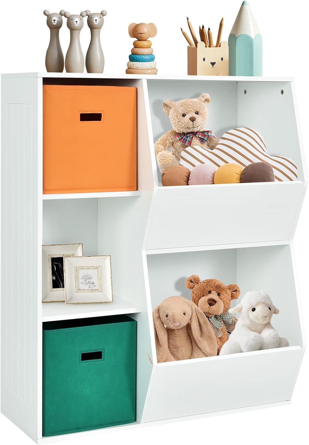 Grey Wooden 5 Cubbies Toy Storage Organizer with Bookcase E9590