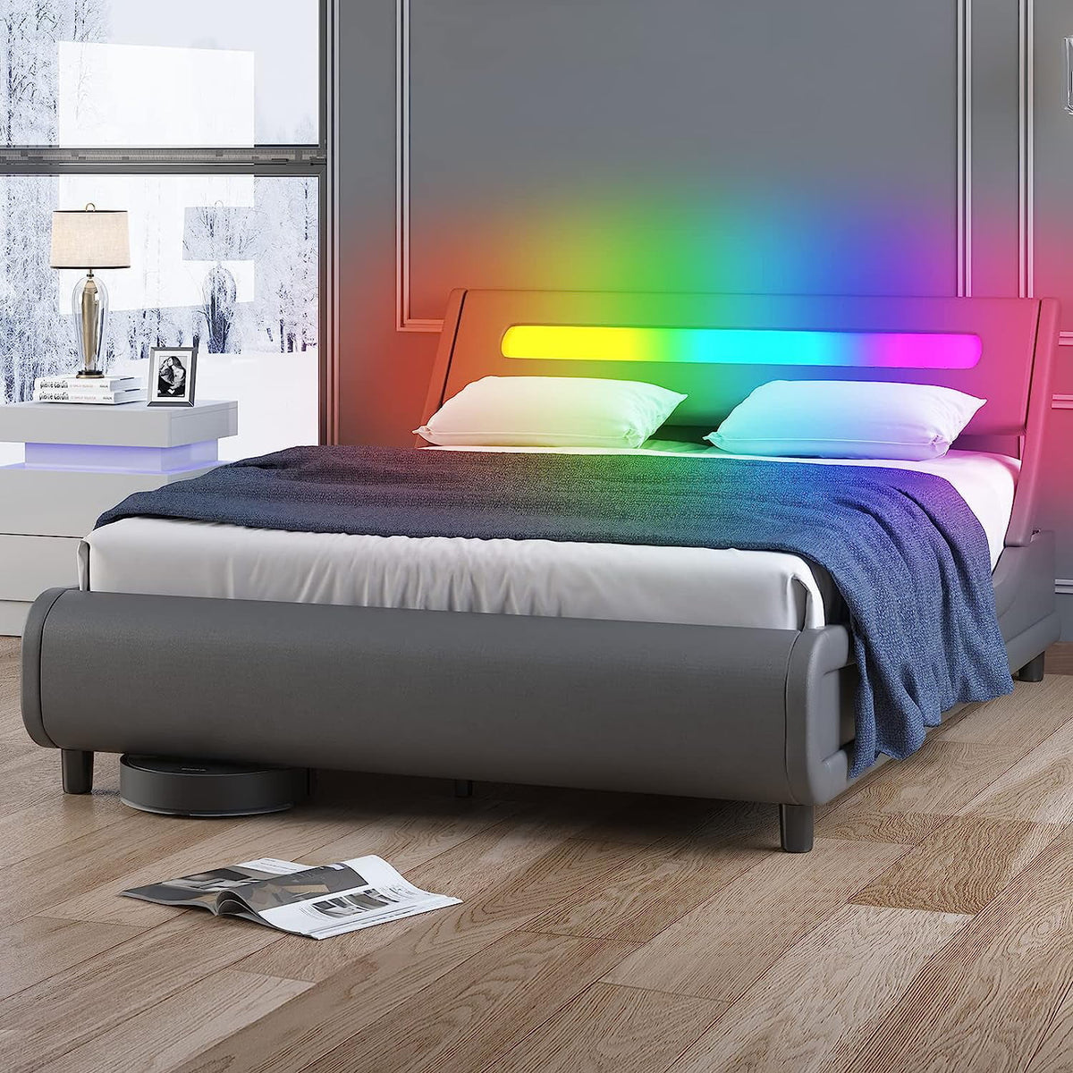 King Size Grey PVC Upholstered Platform Bed Frame D6481