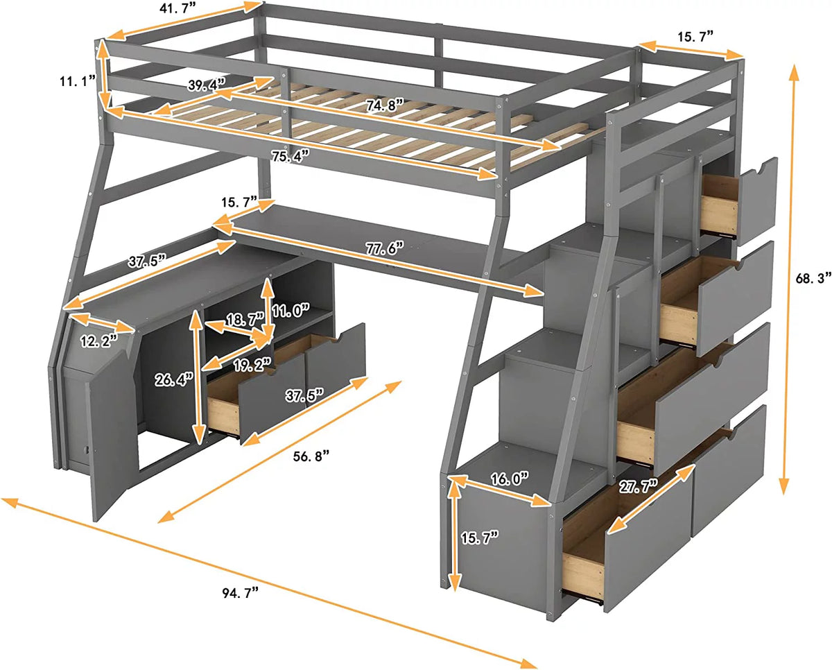 Solid Wood Loft Bed Frame with Stairs, Desk, 7 Drawers, 2 Shelves A506