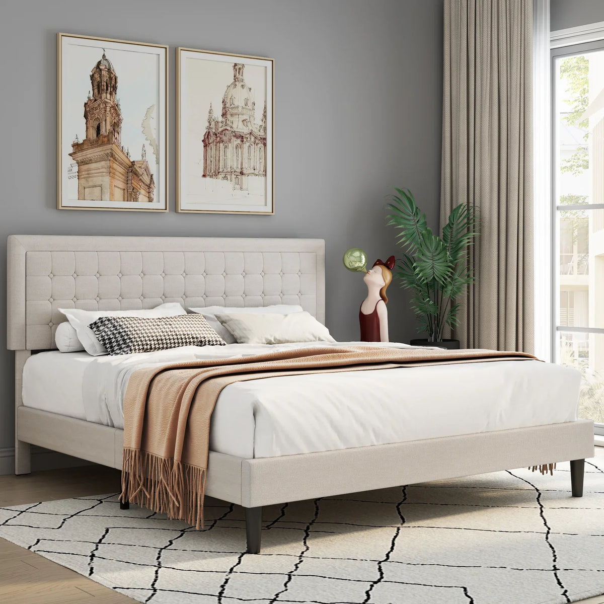 King Size Gray Linen Fabric Bed Frame with Tufted Headboard K173