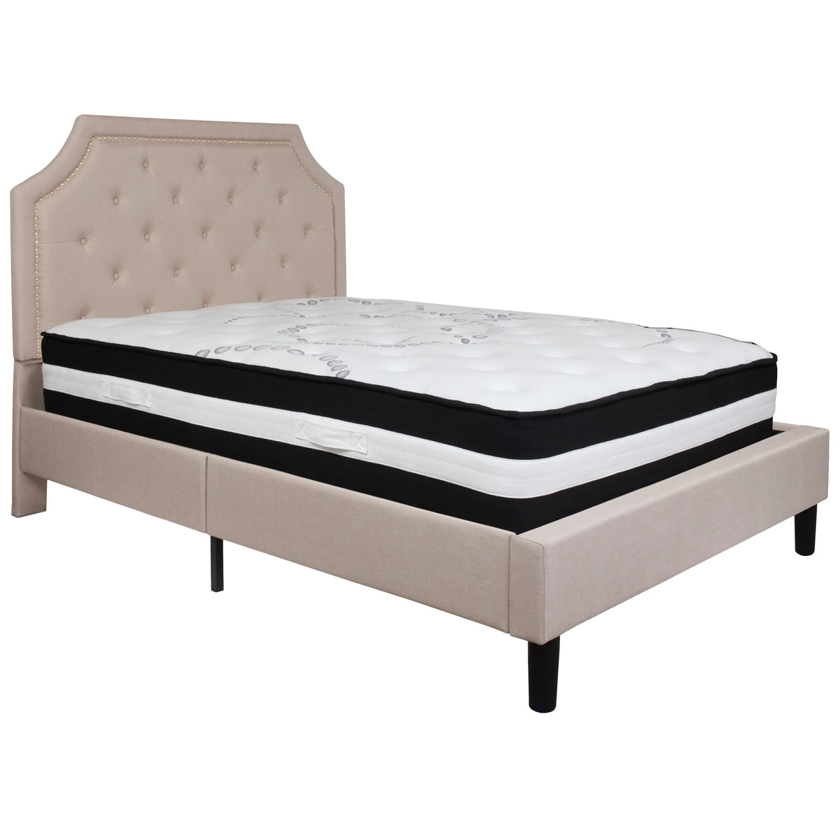 Beige Fabric Tufted Upholstered Full Size Platform Bed with Pocket Spring Mattress E18791