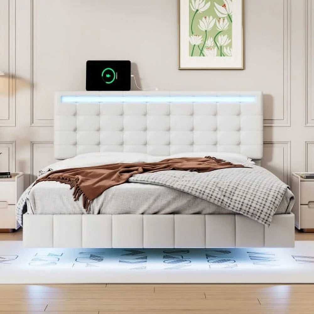 Full Size Black Upholstered Platform Bed Frame with LED Lights H568