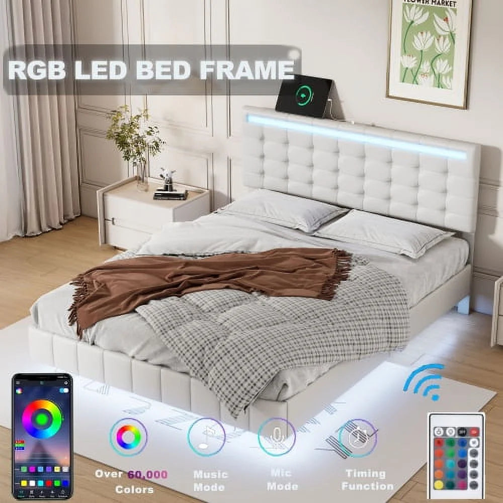 Full Size Black Upholstered Platform Bed Frame with LED Lights H568