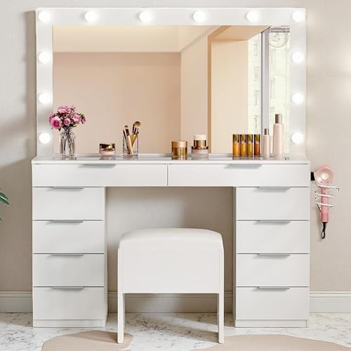 Cream White 10 Drawer Glass Top Vanity Desk with LED Mirror and Chair O488992