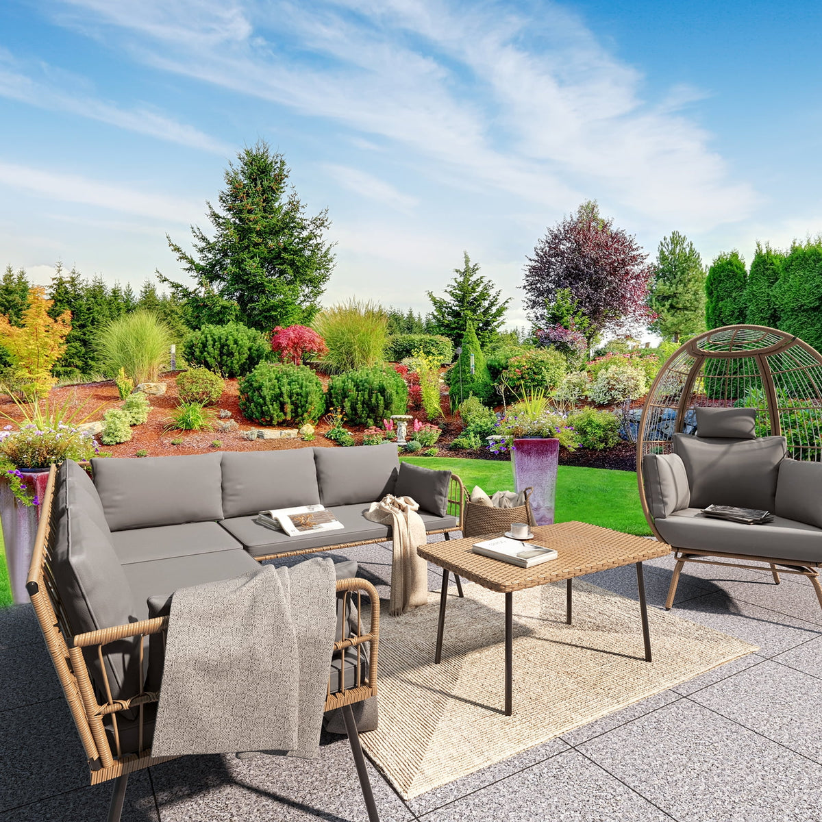 L-Shaped All-Weather Wicker Patio Sofa with Cushions G4364