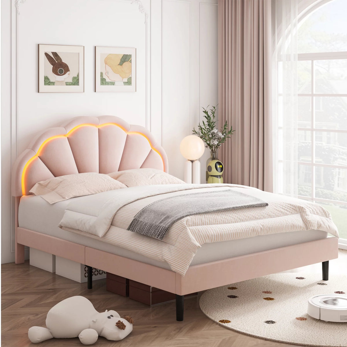 Twin Size Off-White Velvet Upholstered Platform Bed with Adjustable Headboard X814