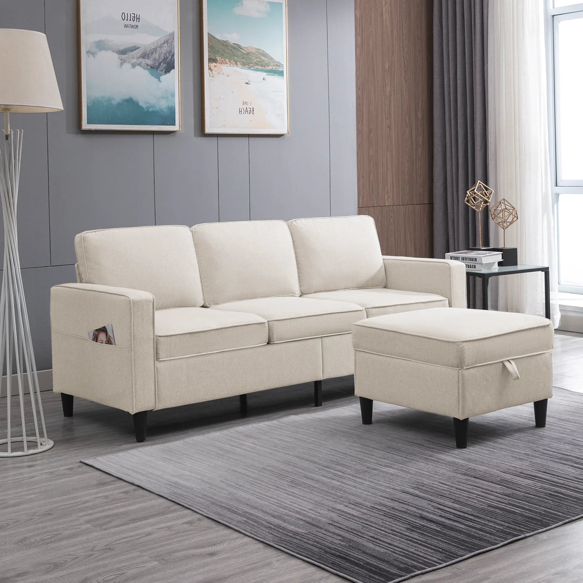 Beige Convertible Sectional Sofa Couch with Storage Ottoman O210