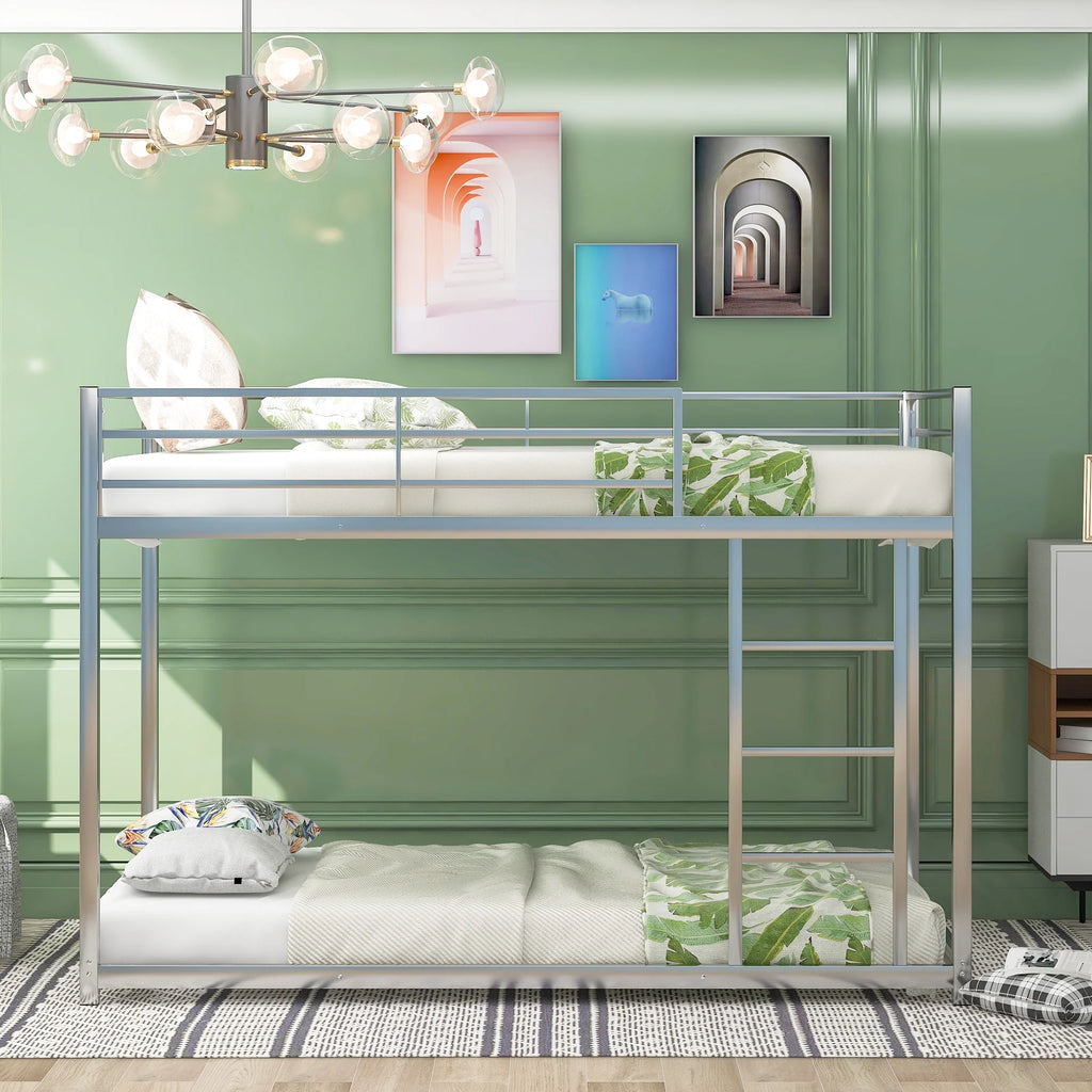 Metal Twin over Twin Low Bunk Bed with Ladder and Safety Guardrails I591
