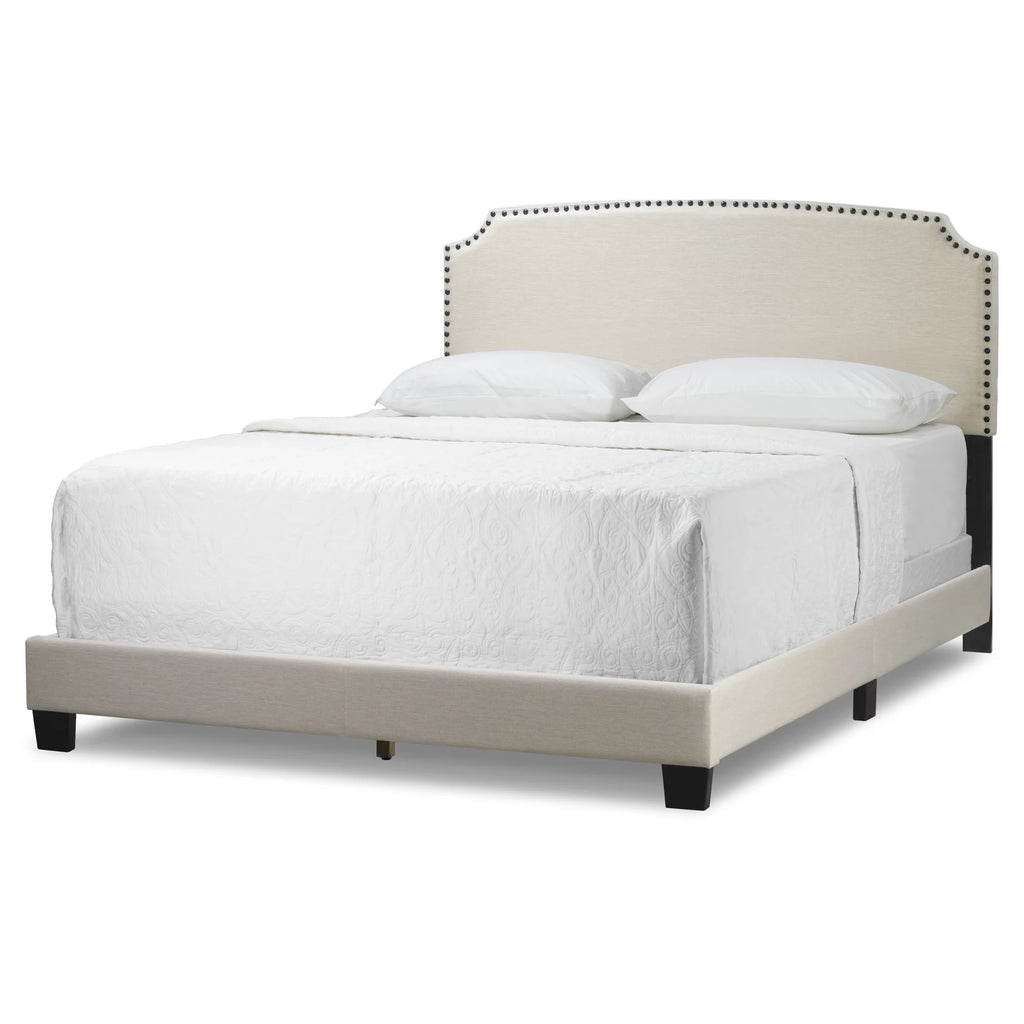 Beige Fabric Queen Bed with Nail Head Trim V5879