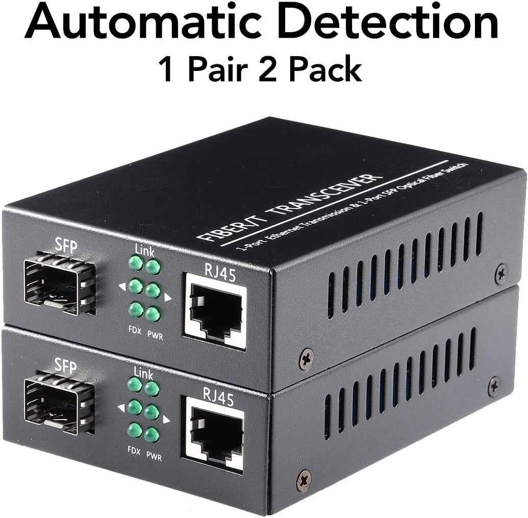A Pair of 1.25G/s Bidi Gigabit Single-Mode Fiber Ethernet Media Converter with 2PCS Bidi SFP LC Transceiver Module Included, 10/100/1000Base-Tx to 1000Base-SX SMF RJ45 to SFP Slot up to 30KM Pack of 2 P759