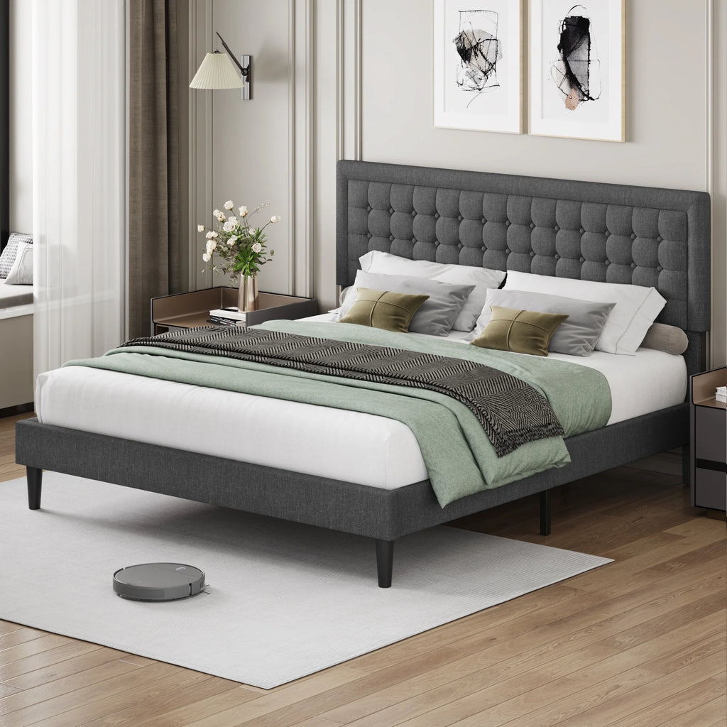 King Size Gray Linen Fabric Bed Frame with Tufted Headboard K173