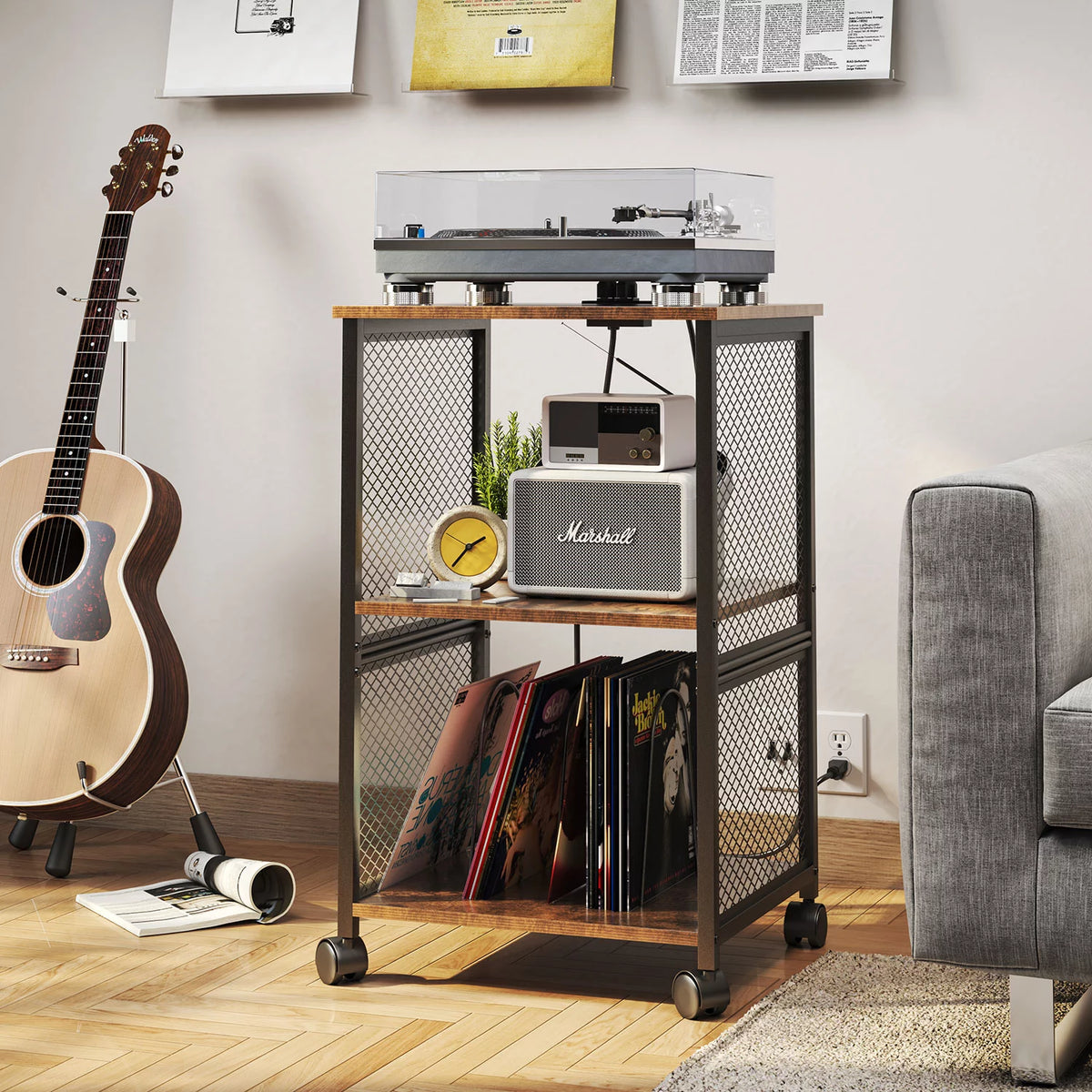 3-Tier Vinyl Record Storage Table with Divider D493