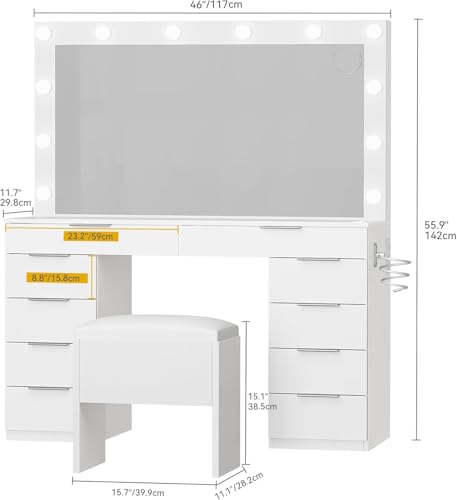 Cream White 10 Drawer Glass Top Vanity Desk with LED Mirror and Chair O488992