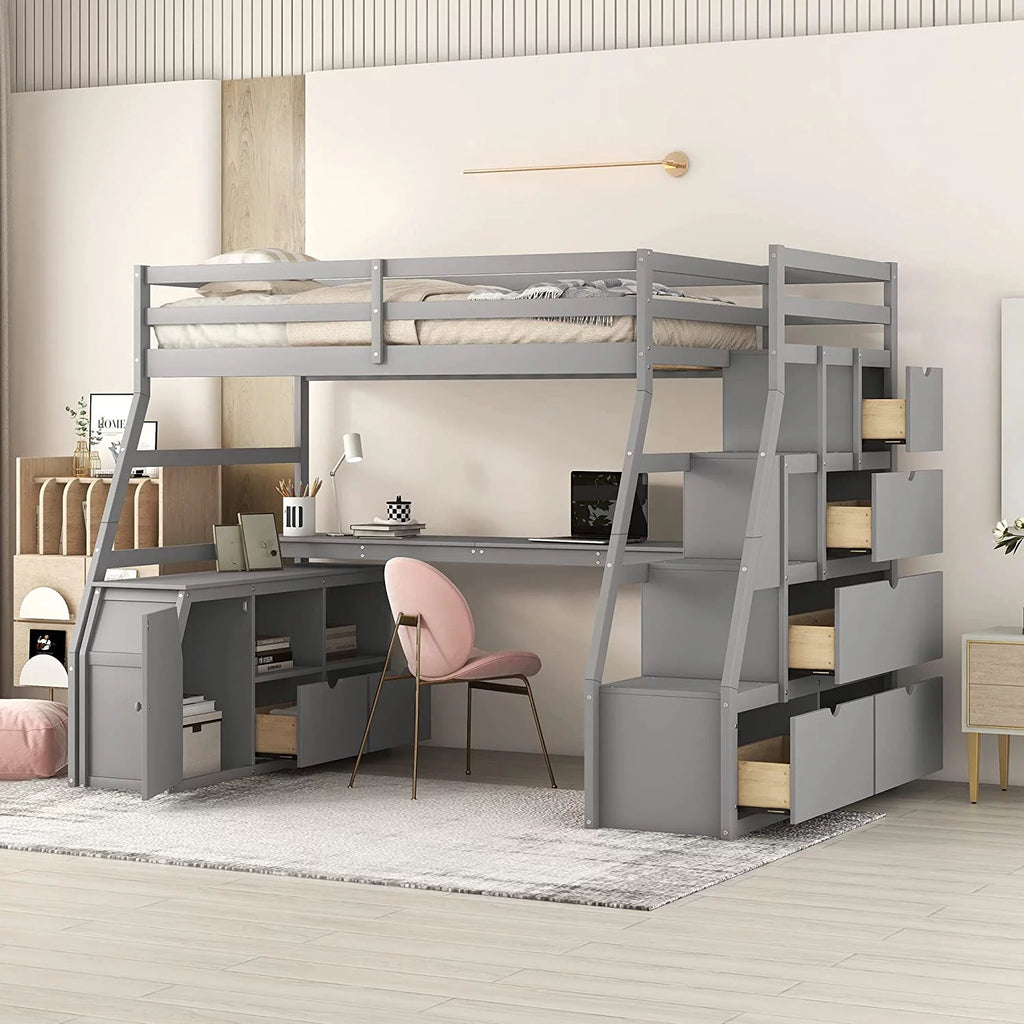 Solid Wood Loft Bed Frame with Stairs, Desk, 7 Drawers, 2 Shelves A506