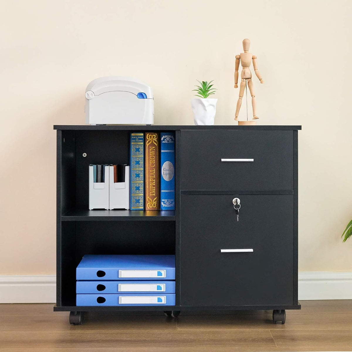 L Shaped Desk and File Cabinet with Open Storage Shelf I369