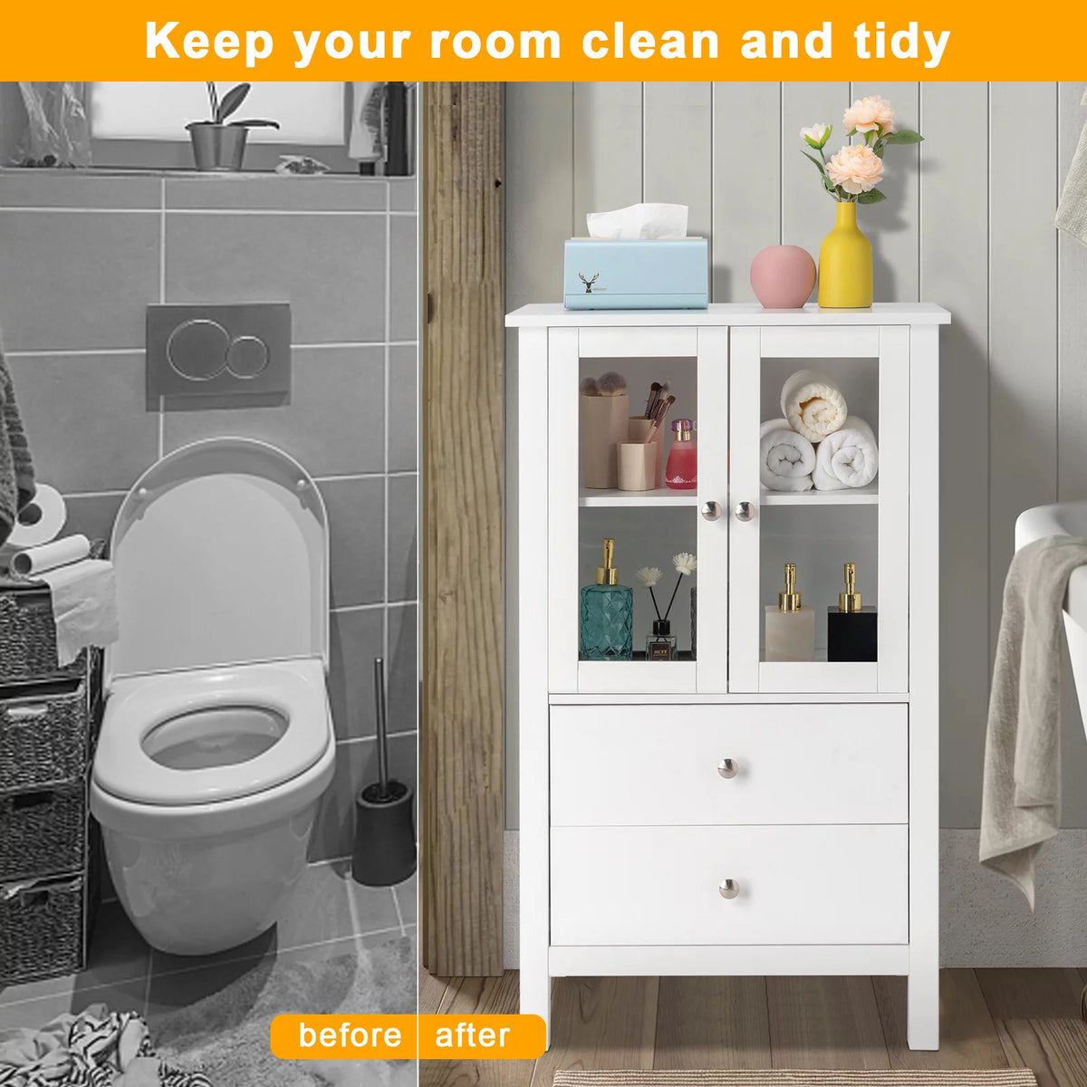 White Free Standing Bathroom Cabinet with Drawer and Shelf V95321