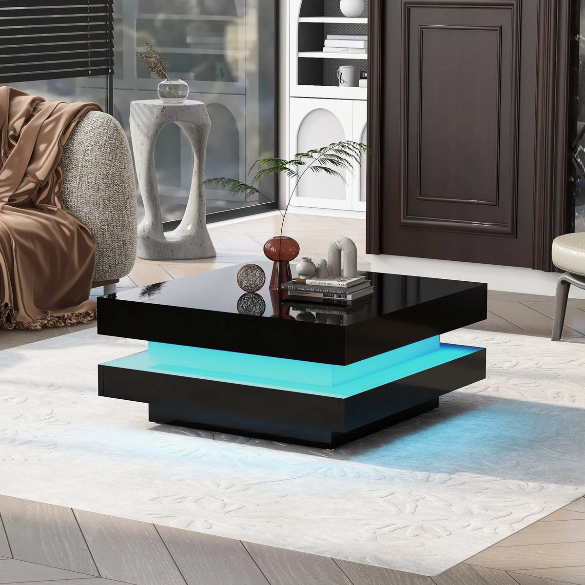 High Gloss 2-Tier Square Coffee Table with LED Lights U232
